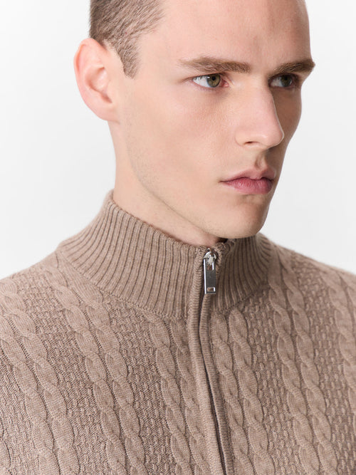 Pull col zippé en laine Mérinos mélangée marron - Father & Sons   - 3 