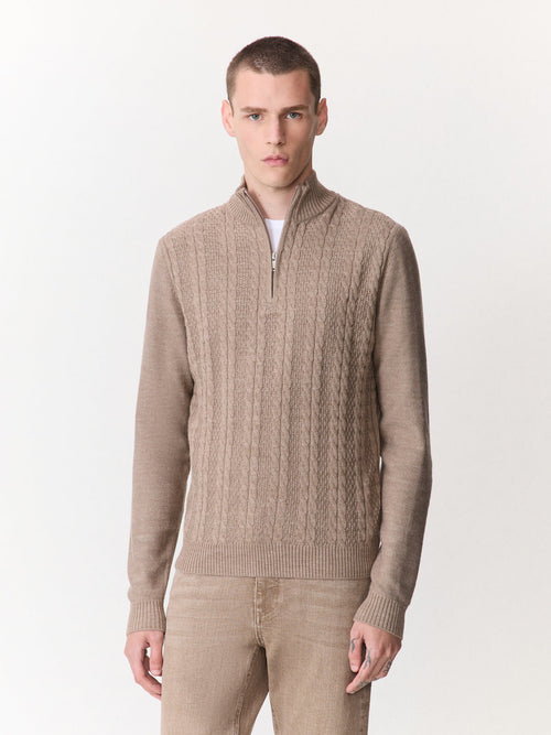 Pull col zippé en laine Mérinos mélangée marron - 1 - Father & Sons   - 20 