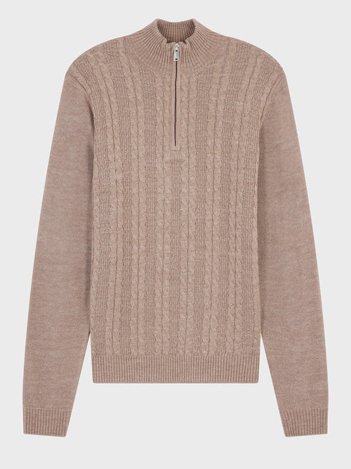 Pull col zippé en laine Mérinos mélangée marron - Father & Sons   - 4 
