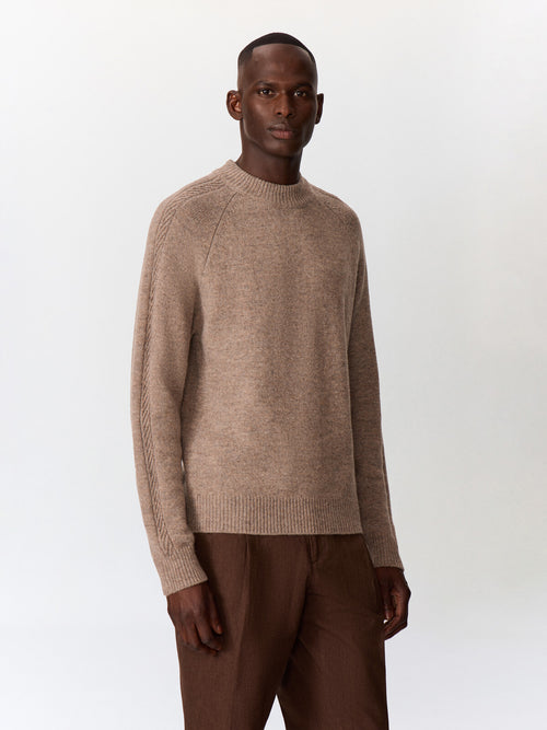 Pull col rond en laine Mérinos mélangée marron - 1 - Father & Sons   - 5 