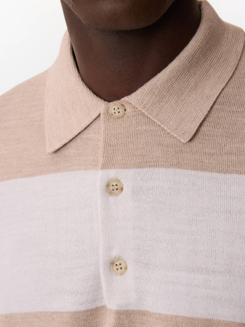 Pull col polo en laine Mérinos mélangée marron et blanc à rayures - Father & Sons   - 3 