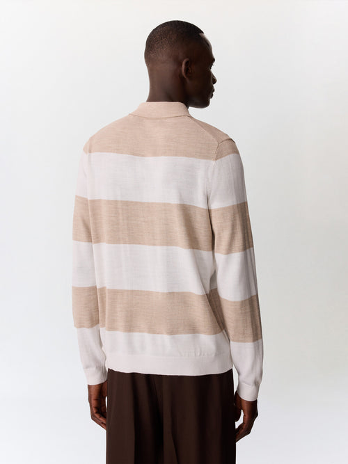 Pull col polo en laine Mérinos mélangée marron et blanc à rayures - 2 - Father & Sons   - 3 