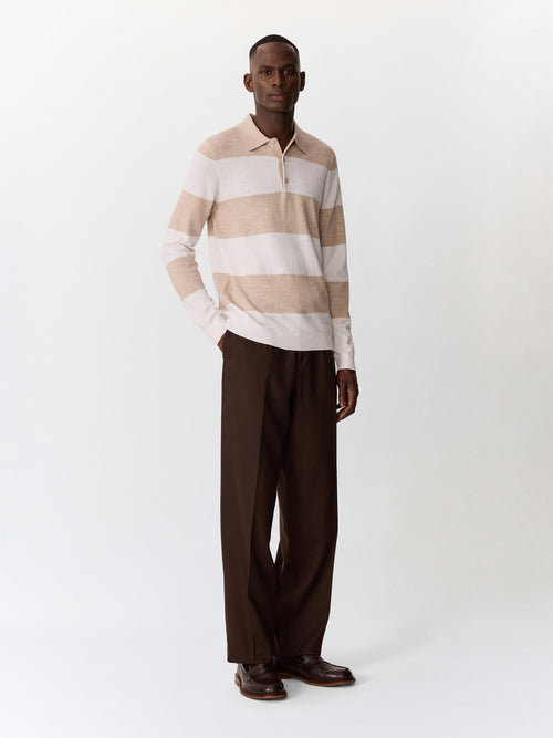 Pull col polo en laine Mérinos mélangée marron et blanc à rayures - Father & Sons   - 4 