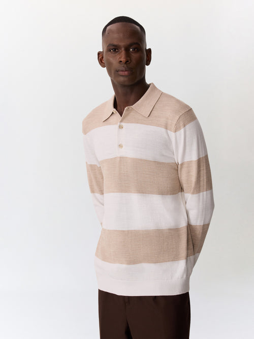 Pull col polo en laine Mérinos mélangée marron et blanc à rayures - 1 - Father & Sons   - 3 