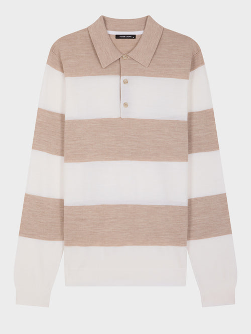 Pull col polo en laine Mérinos mélangée marron et blanc à rayures - Father & Sons   - 5 