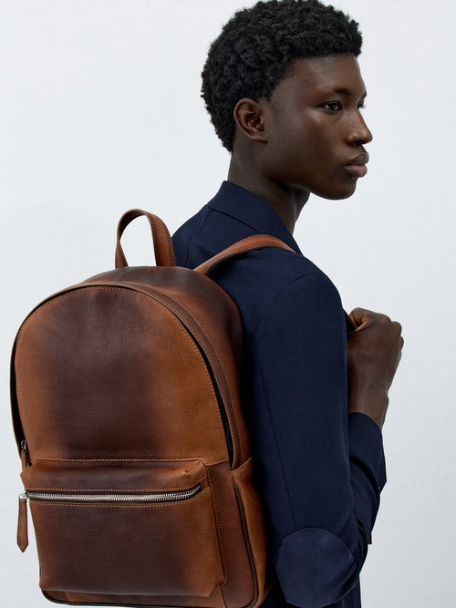 Sac à dos en cuir patiné cognac - Father & Sons   - 4 