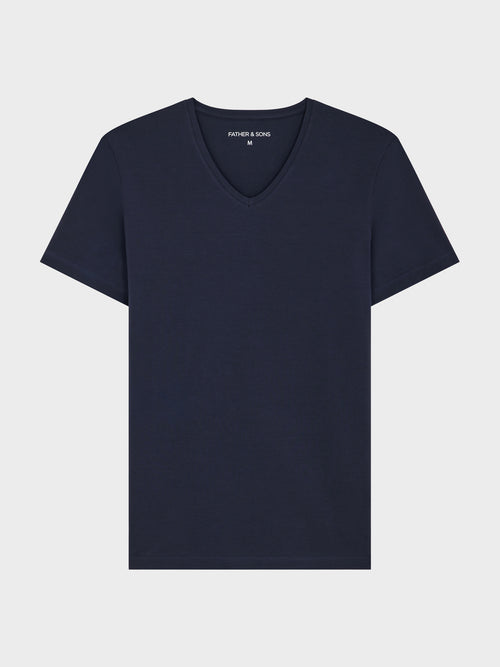 Tee-shirt manches courtes en coton stretch col V uni bleu marine - Father & Sons   -  