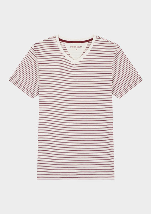 Tee-shirt manches courtes en coton col V écru à rayures framboise - 1 - Father & Sons   - 11 