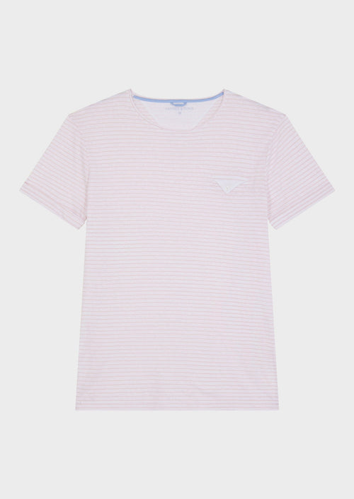 Tee-shirt manches courtes en coton et lin col rond rose à rayures blanches - Father & Sons   - 1 