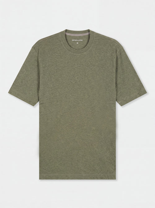 Tee-shirt col rond slim en lin et coton kaki clair - Father & Sons   - 1 