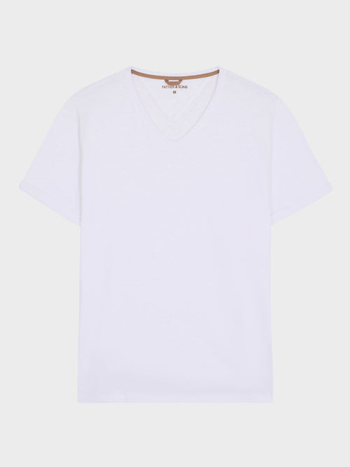 Tee-shirt col V slim en lin et coton blancs - 1 - Father & Sons   - 2 
