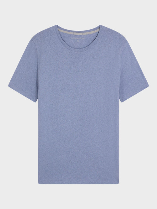 Tee-shirt col rond slim en lin et coton bleu chambray - 1 - Father & Sons   - 7 