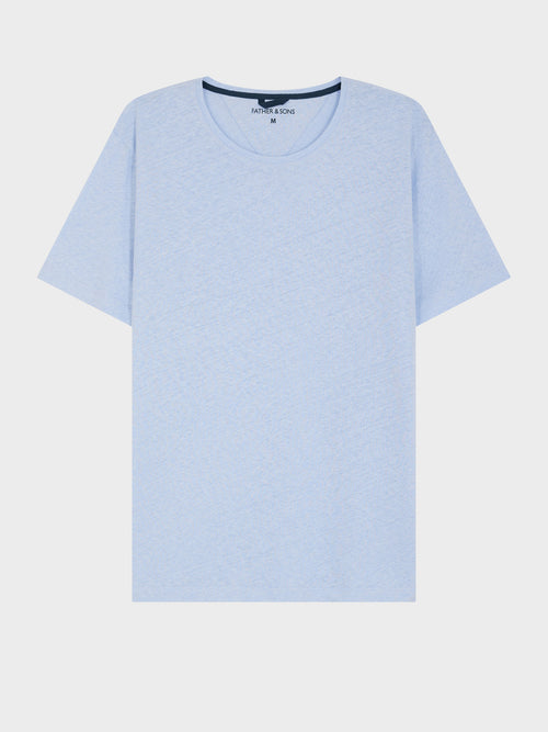 Tee-shirt col rond en coton et lin bleu ciel - 1 - Father & Sons   - 5 