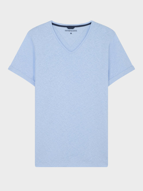 Tee-shirt col V slim en lin et coton bleu ciel - 1 - Father & Sons   - 15 