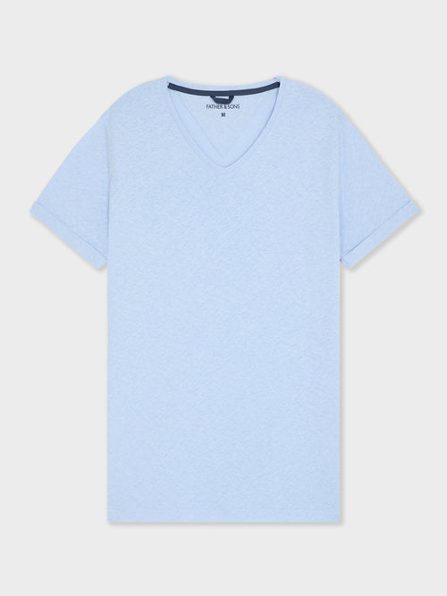 Tee-shirt col V slim en lin et coton bleu ciel - 1 - Father & Sons   - 6 