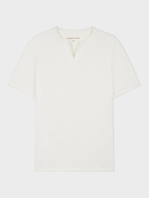 Tee-shirt col V en coton et lin écrus - Father & Sons   - 1 
