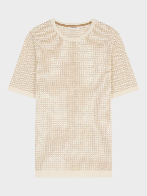 Tee-shirt col rond slim en maille ajourée écrue - 1 - Father & Sons   - 18 