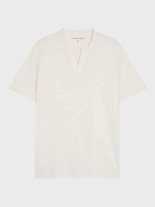 Tee-shirt col tunisien slim en coton et lin écrus - 1 - Father & Sons   - 14 
