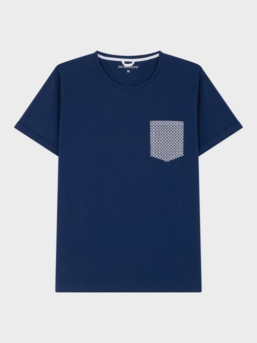 Tee-shirt col rond en coton bleu indigo - 1 - Father & Sons   - 3 