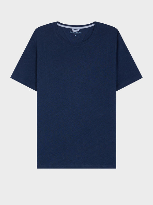 Tee-shirt col rond en coton et lin bleu indigo - 1 - Father & Sons   - 3 
