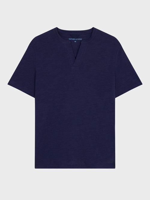 Tee-shirt col tunisien slim en coton et lin bleu indigo - 1 - Father & Sons   - 13 