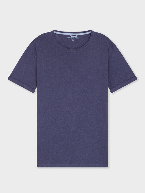 Tee-shirt col rond slim en lin et coton bleu indigo - 1 - Father & Sons   - 12 