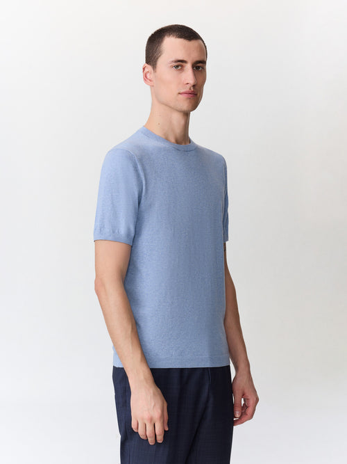 Tee-shirt col rond slim en maille bleu jeans - 1 - Father & Sons   - 2 