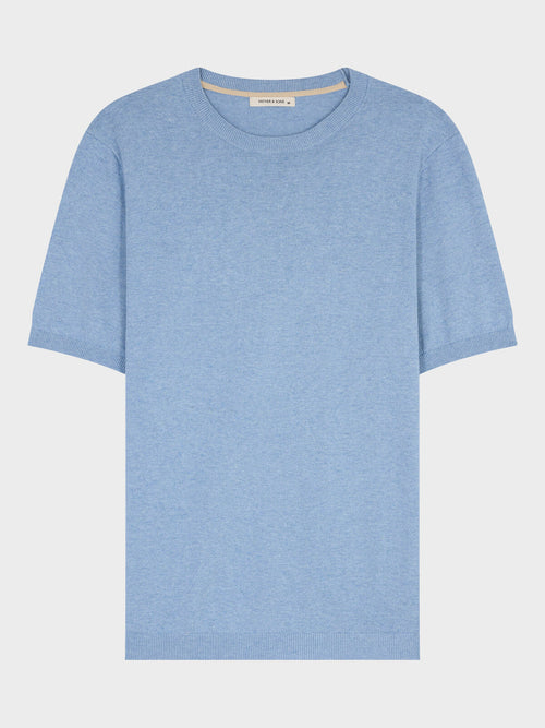 Tee-shirt col rond slim en maille bleu jeans - Father & Sons   - 4 