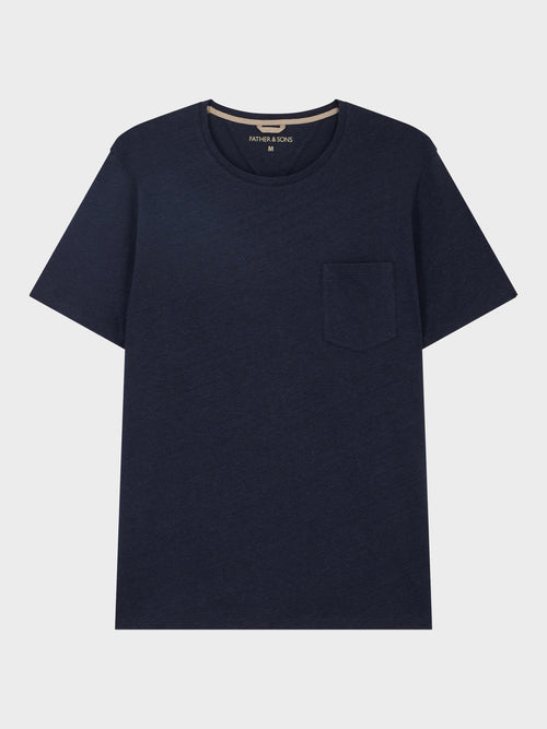Tee-shirt col rond en coton et lin bleu marine - Father & Sons   -  