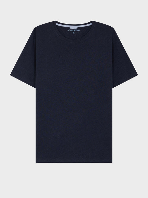 Tee-shirt col rond en coton et lin bleu marine - 1 - Father & Sons   - 1 