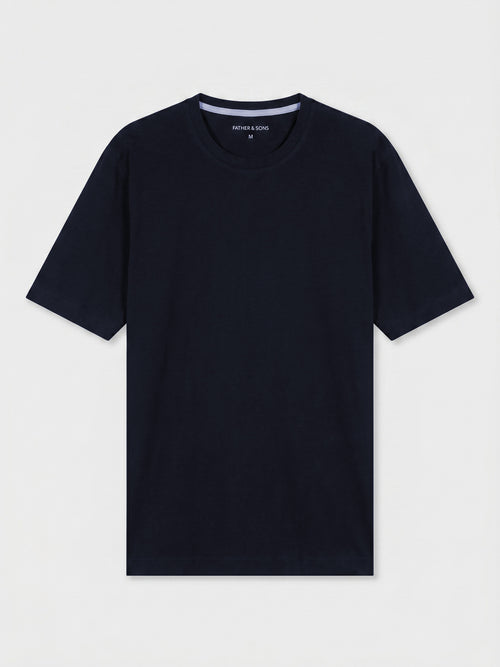Tee-shirt col rond slim en lin et coton bleu marine - 1 - Father & Sons   - 16 