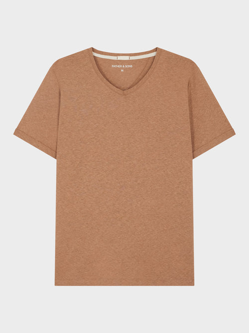 Tee-shirt col V en coton et lin rose - 1 - Father & Sons   - 13 