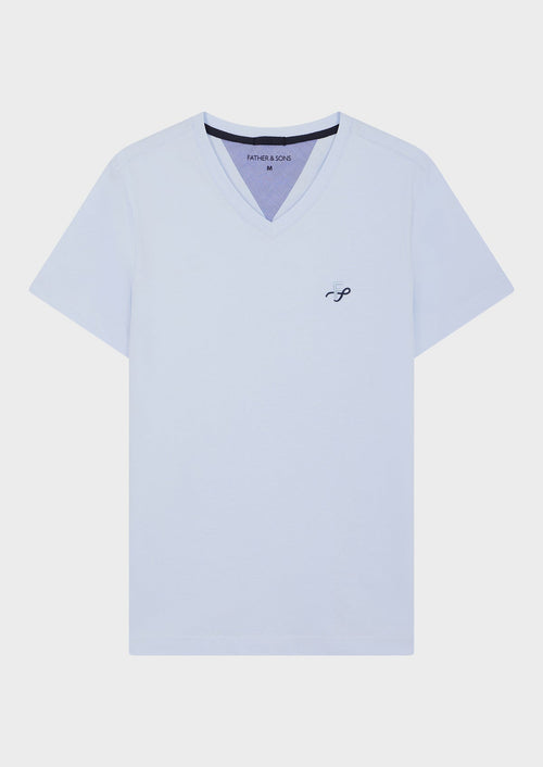 Tee-shirt manches courtes en coton col V uni bleu ciel - Father & Sons   - 1 