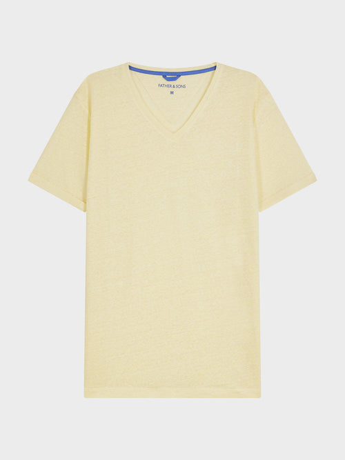 Tee-shirt col V en lin jaune - 1 - Father & Sons   - 2 