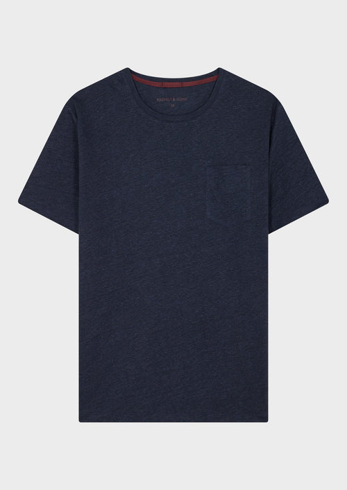 Tee-shirt manches courtes en lin col rond uni bleu marine - 1 - Father & Sons   - 6 