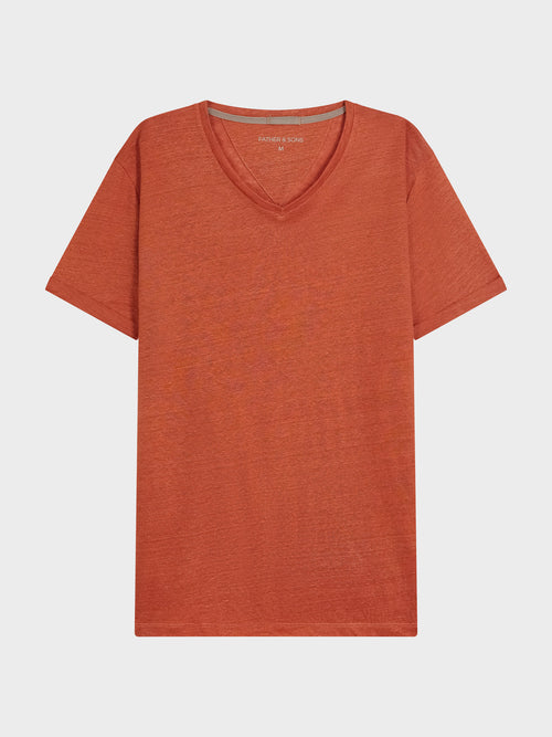 Tee-shirt col V en lin terracotta - 1 - Father & Sons   - 4 