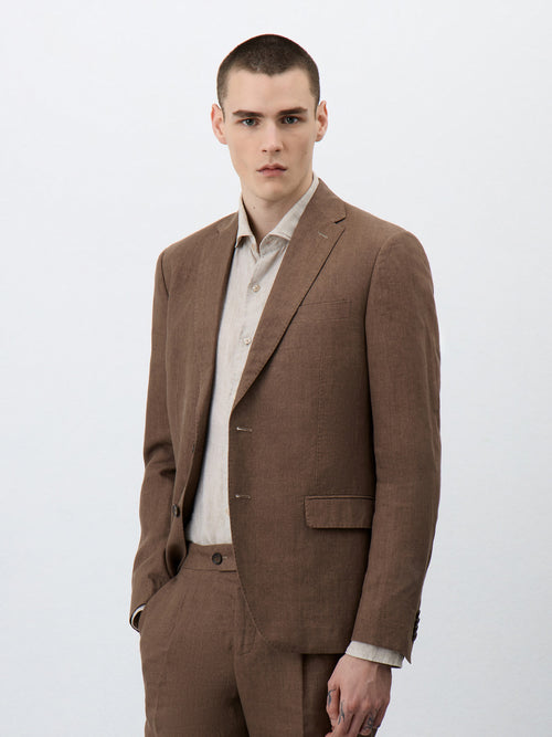 Veste coordonnable Regular en lin marron - 1 - Father & Sons   - 3 