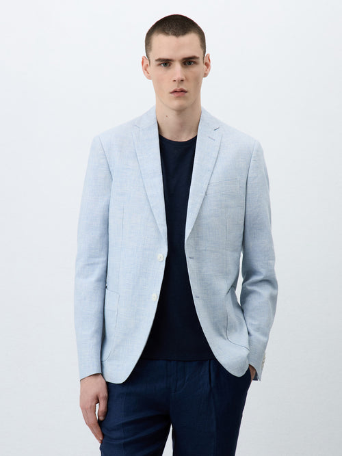 Veste Regular en lin et coton bleu ciel Prince de Galles - 1 - Father & Sons   - 6 