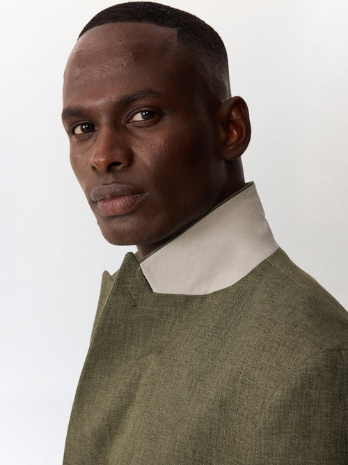 Veste croisée regular en coton et lin kaki - Father & Sons   - 3 