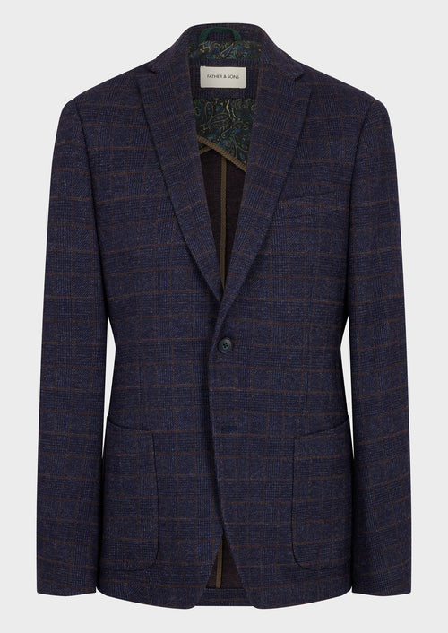 Veste casual Regular en coton et laine mélangés bleu nuit Prince de Galles - 1 - Father & Sons   - 8 