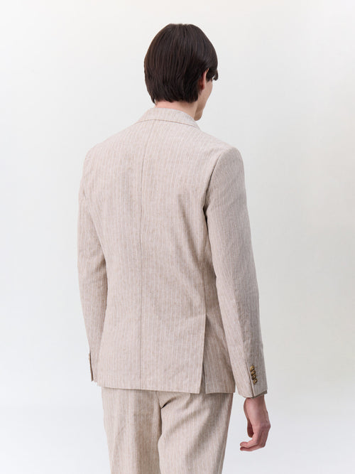 Veste coordonnable regular en lin et coton marron clair à rayures - 2 - Father & Sons   - 18 