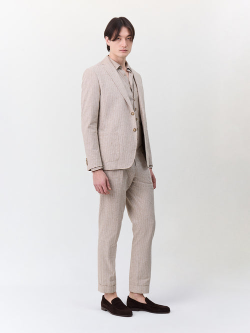 Veste coordonnable regular en lin et coton marron clair à rayures - Father & Sons   - 7 