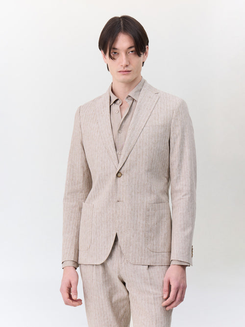 Veste coordonnable regular en lin et coton marron clair à rayures - 1 - Father & Sons   - 18 