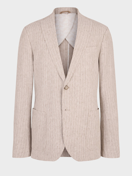 Veste coordonnable regular en lin et coton marron clair à rayures - Father & Sons   - 8 