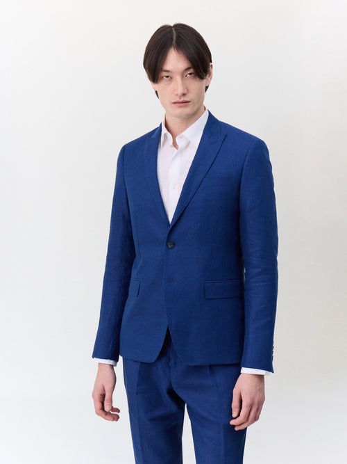 Veste coordonnable slim en lin bleu indigo - 1 - Father & Sons   - 2 