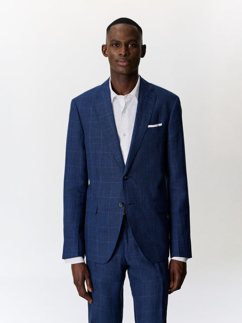 Veste coordonnable slim en lin bleu indigo Prince de Galles - 1 - Father & Sons   - 5 