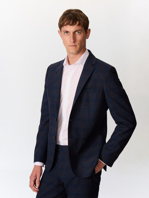 Veste coordonnable regular en laine mélangée bleu indigo Prince de Galles - 1 - Father & Sons   - 9 