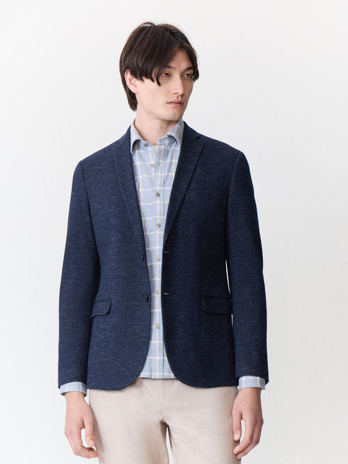 Veste regular en laine et coton bleu indigo à parementure amovible - 1 - Father & Sons   - 20 
