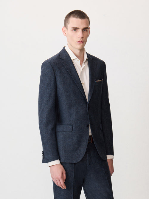 Veste coordonnable slim en laine mélangée bleu indigo Prince de Galles - 1 - Father & Sons   - 2 
