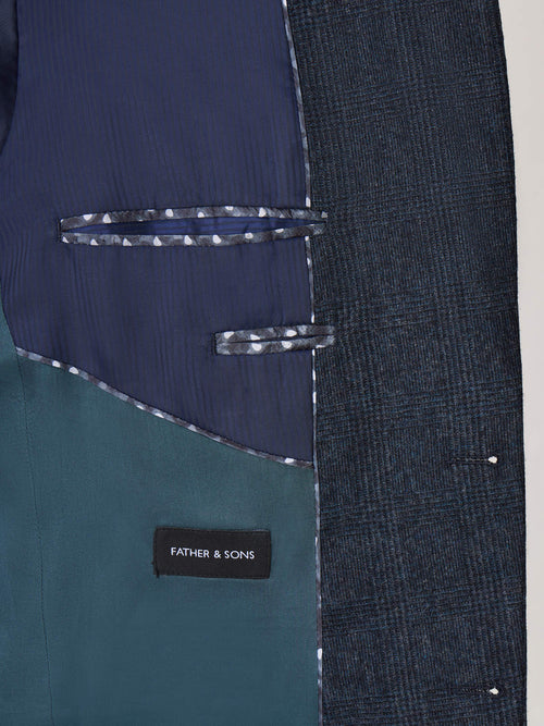 Veste coordonnable slim en laine mélangée bleu indigo Prince de Galles - Father & Sons   - 5 